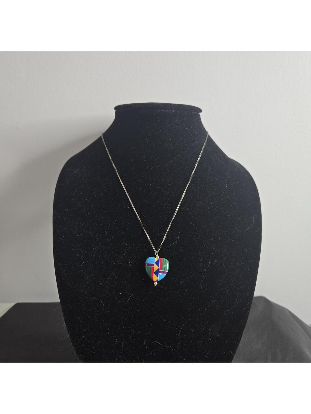 Vintage Inlay Heart Pendant Necklace Malachite Turquoise Mosaic Geometric 925
